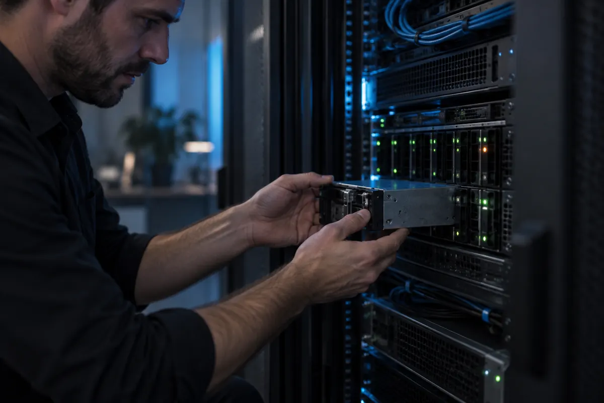 IT-Techniker tauscht einen Festplatteneinschub im Backup-Speicher eines Server-Racks