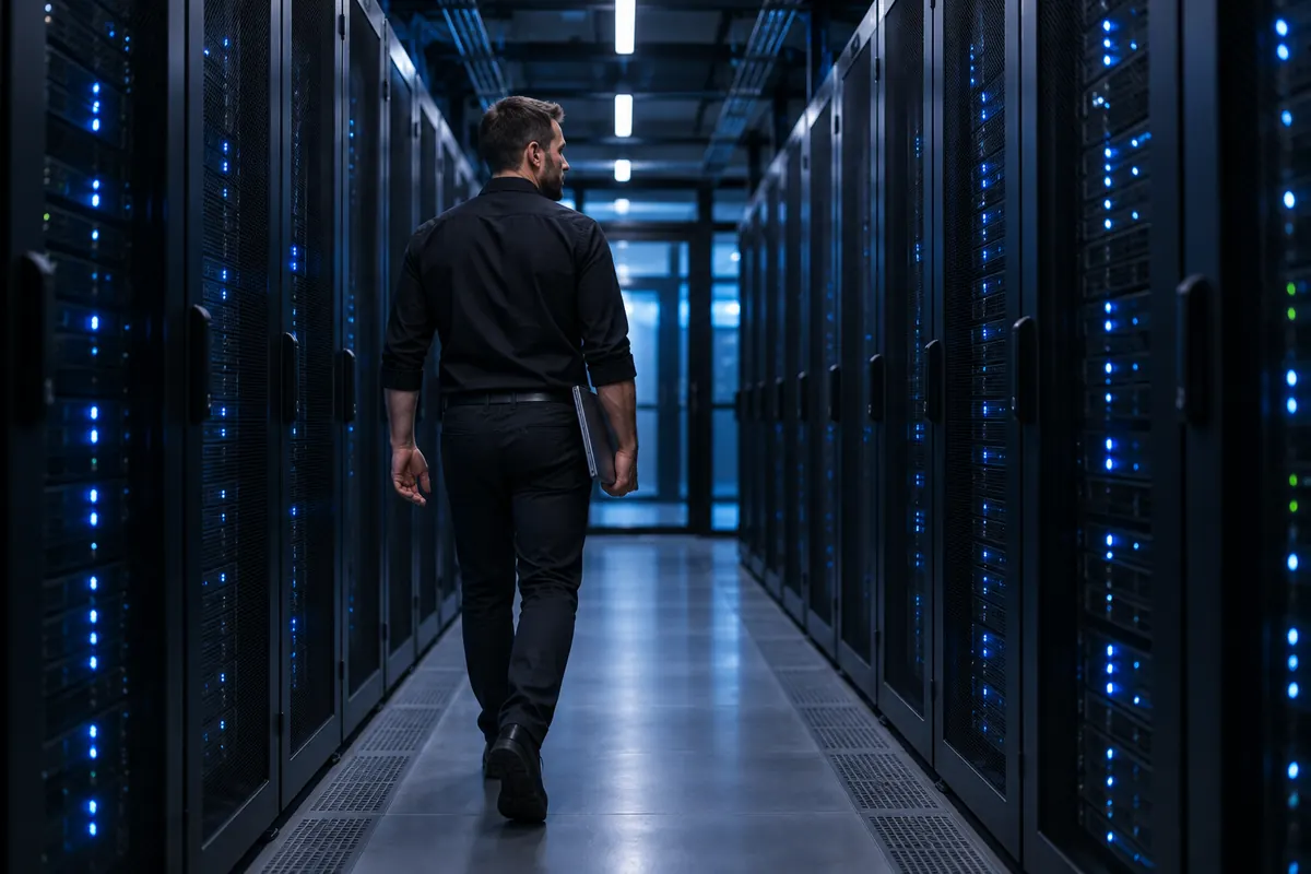IT-Fachkraft geht durch den Gang eines Rechenzentrums für externe Datensicherung