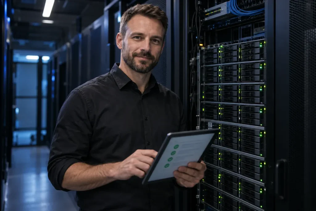 IT-Techniker kontrolliert die Datensicherung eines Unternehmens am Tablet