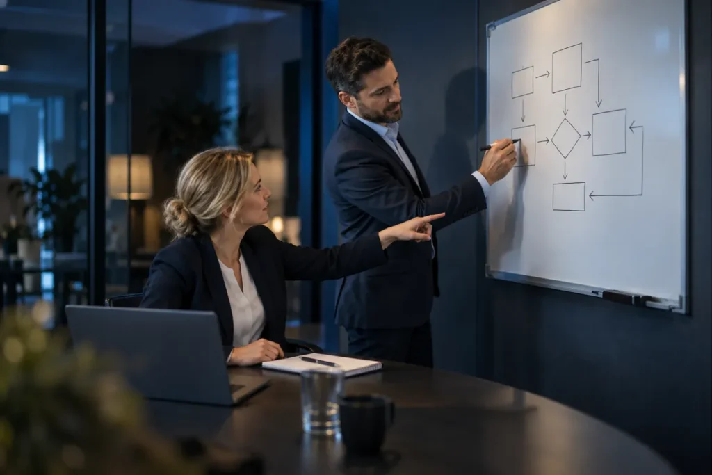 IT-Berater und Geschäftsführerin planen gemeinsam die Notfallwiederherstellung am Whiteboard