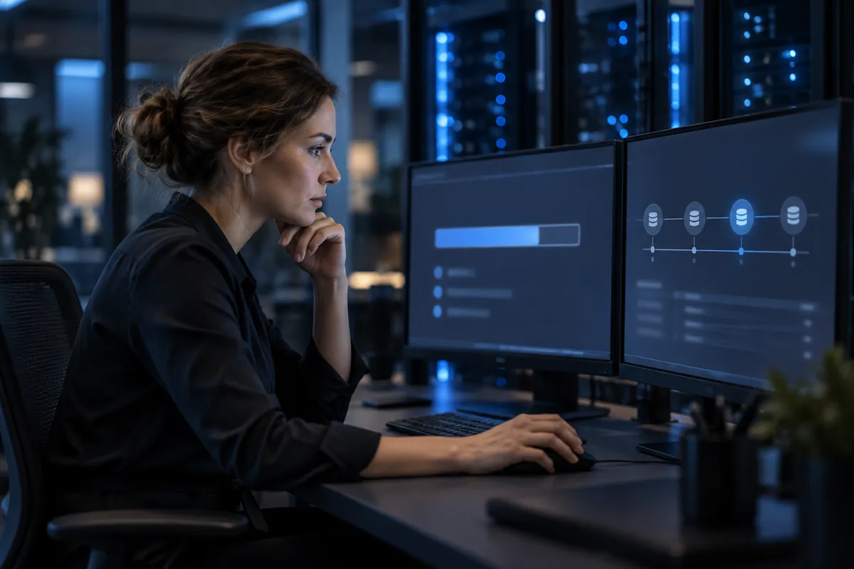 IT-Technikerin überwacht eine laufende Datenwiederherstellung am Monitor