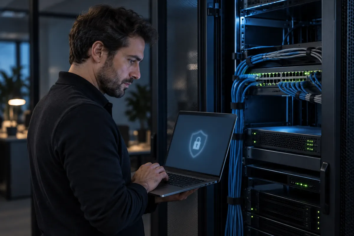 IT-Techniker prüft die Firewall im Netzwerkschrank eines Unternehmens
