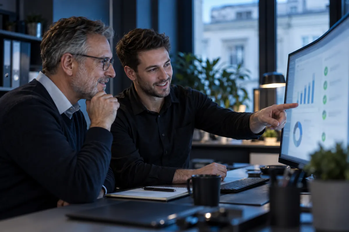IT-Betreuer bespricht mit einem Kunden einen übersichtlichen IT-Bericht