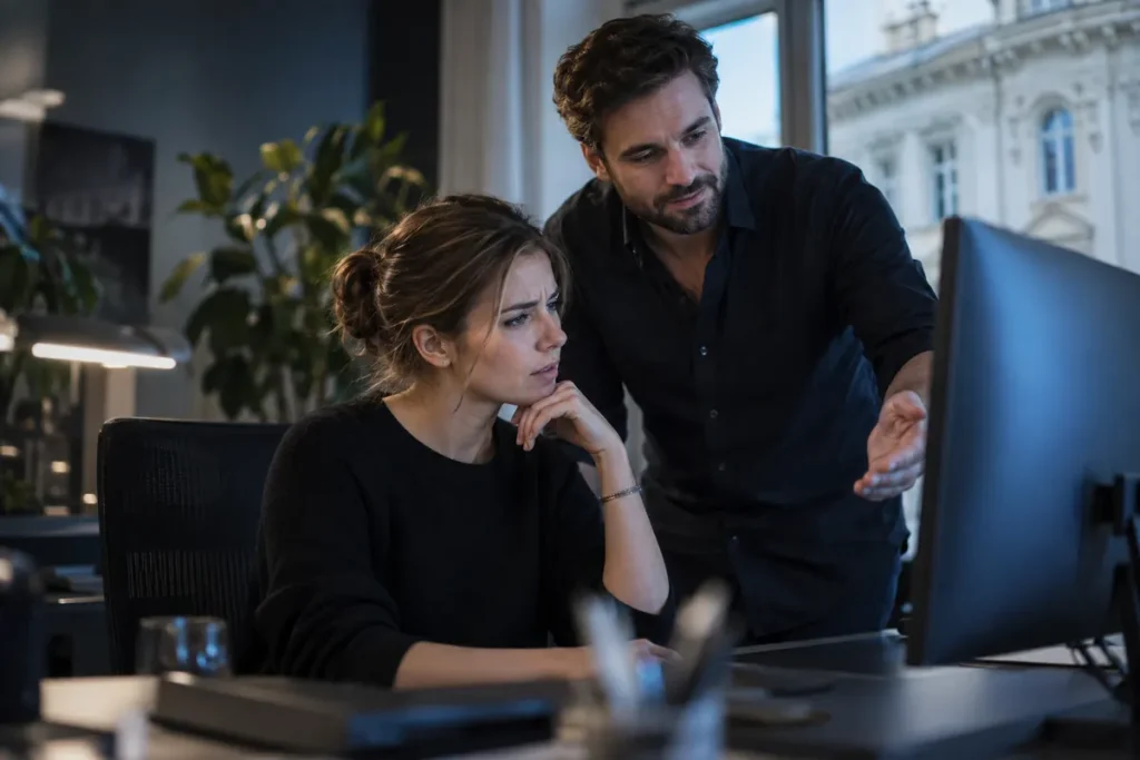 IT-Techniker löst ein IT-Problem am Arbeitsplatz eines kleinen Unternehmens
