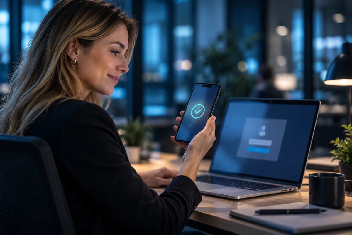 Mitarbeiterin bestätigt die Anmeldung am Laptop mit Mehrfaktor-Authentifizierung am Smartphone