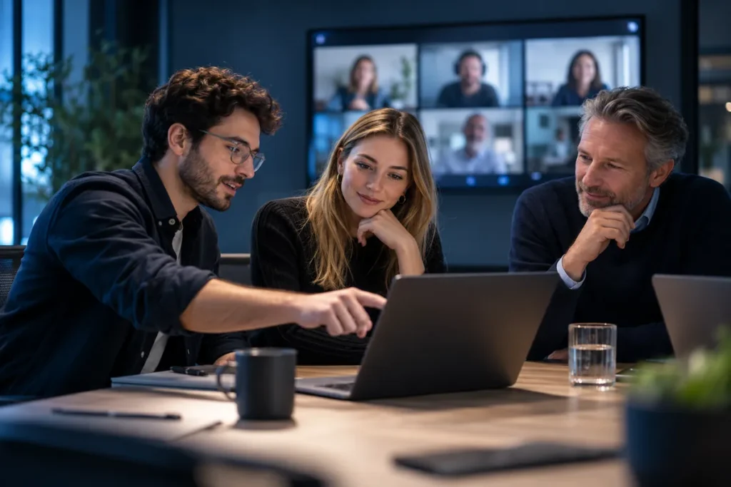 Team eines kleinen Unternehmens arbeitet gemeinsam mit Microsoft 365 im Büro und per Videokonferenz