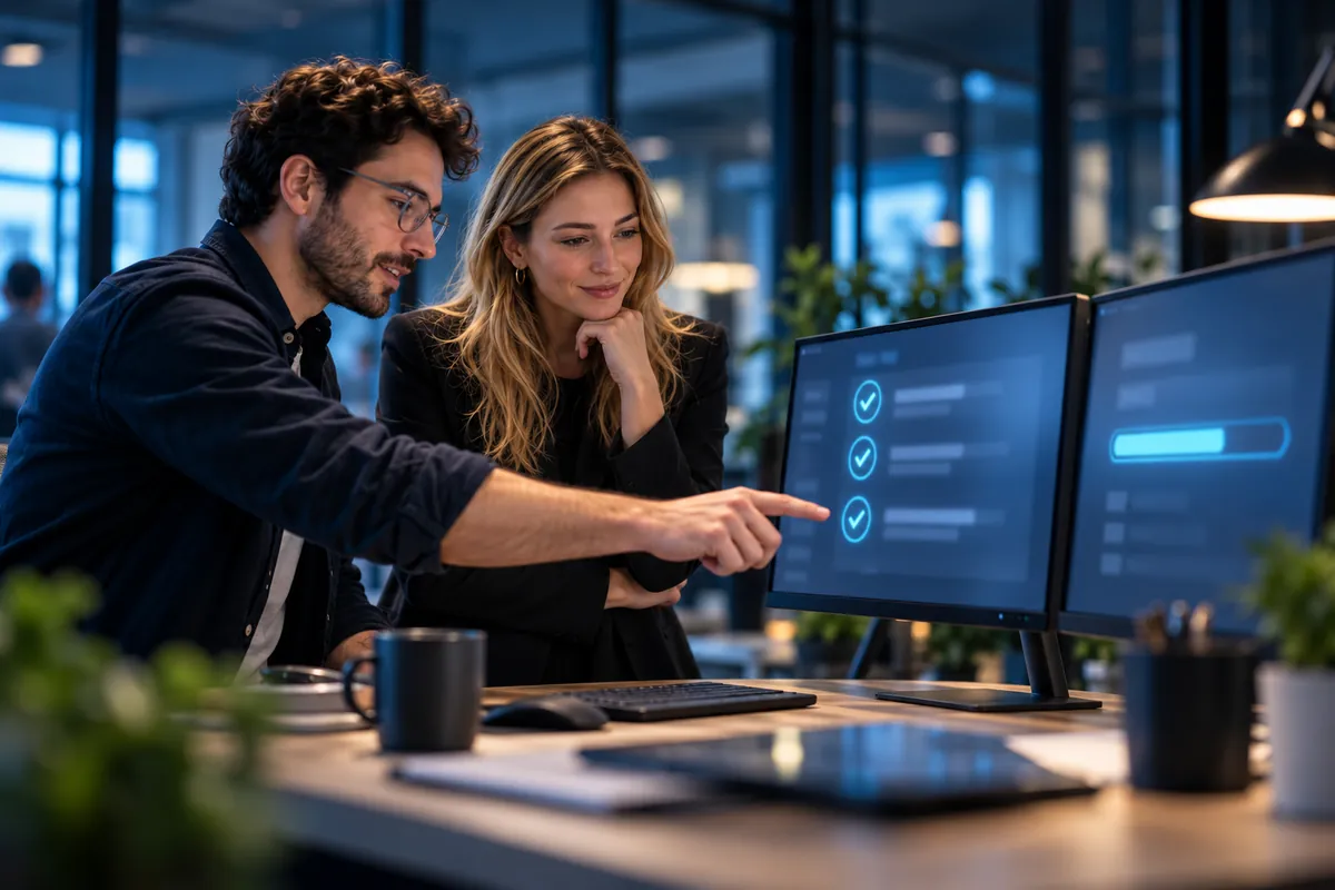 IT-Techniker bespricht mit der Büroleiterin den Plan für den Umstieg auf Microsoft 365