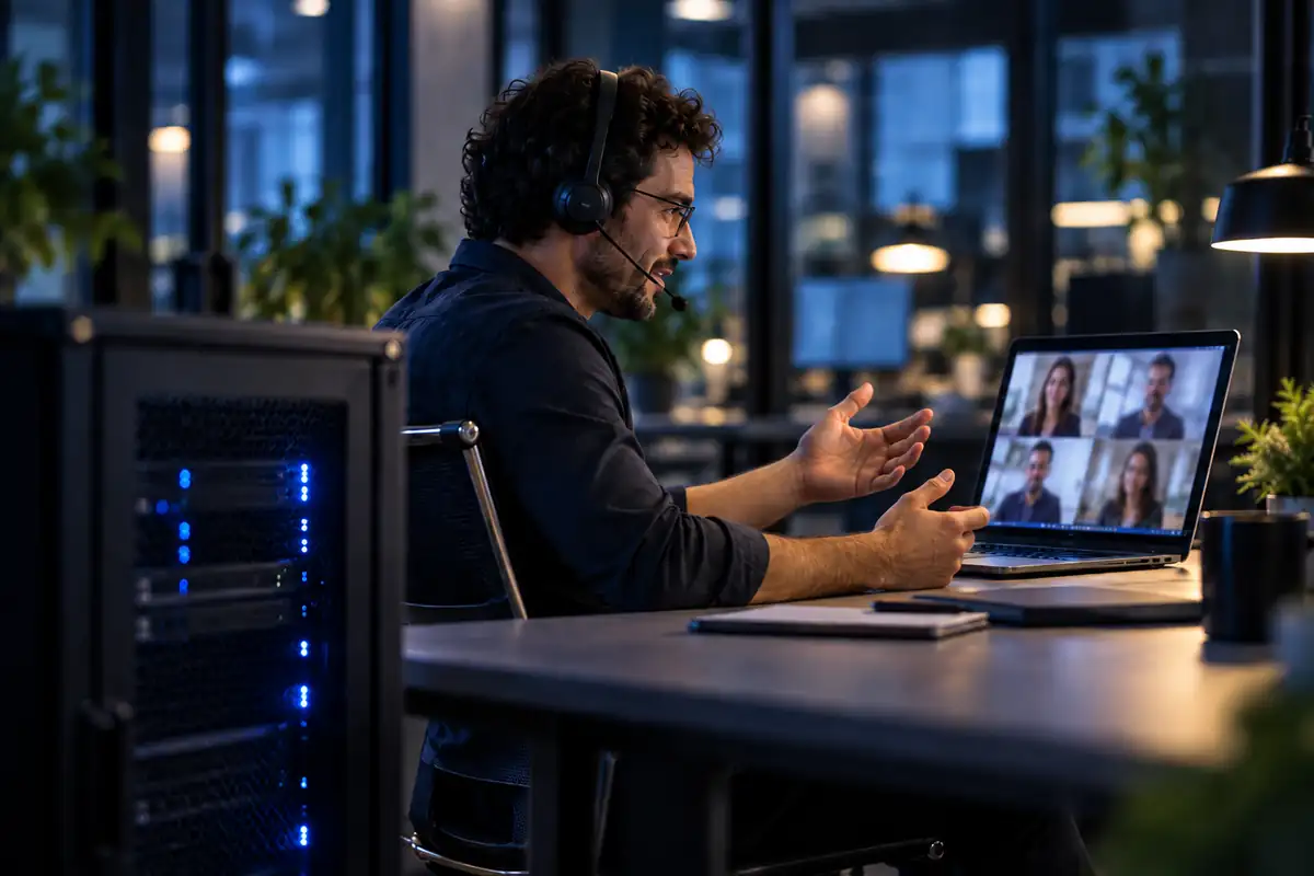 Kleiner Serverschrank im Büro, daneben arbeitet ein Mitarbeiter am Laptop mit Cloud-Diensten
