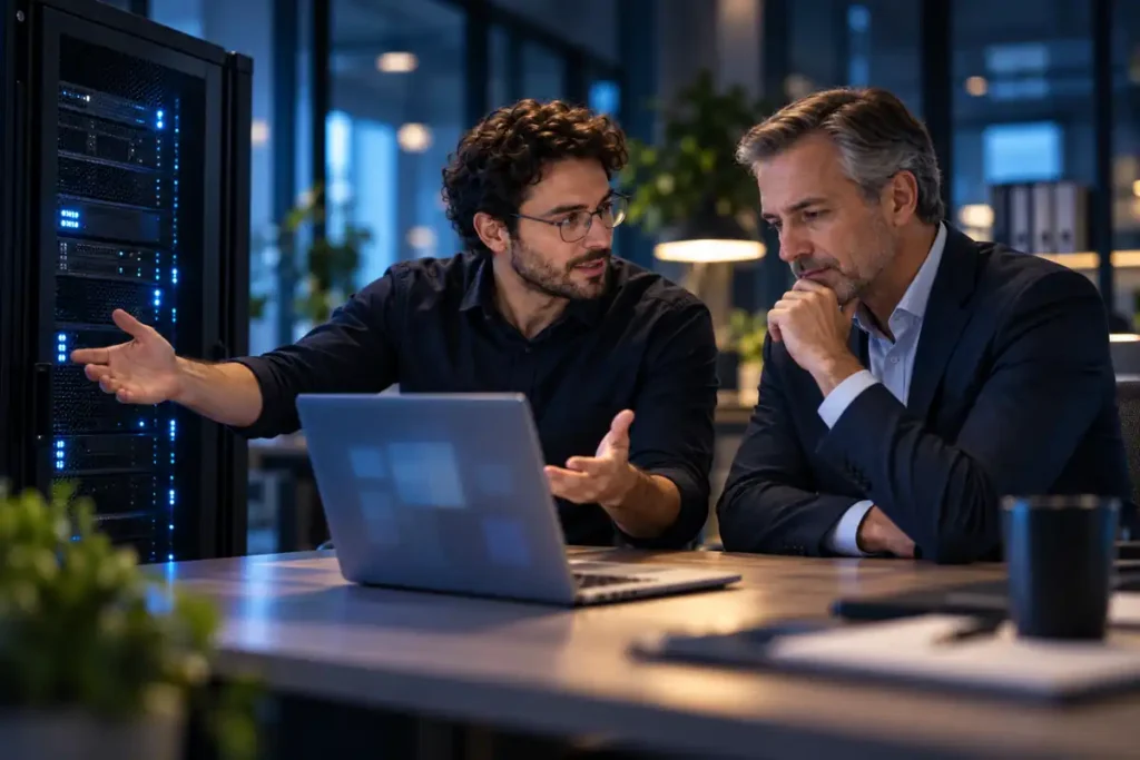 Geschäftsführer und IT-Berater vergleichen im Büro den eigenen Server mit der Cloud-Lösung Office 365