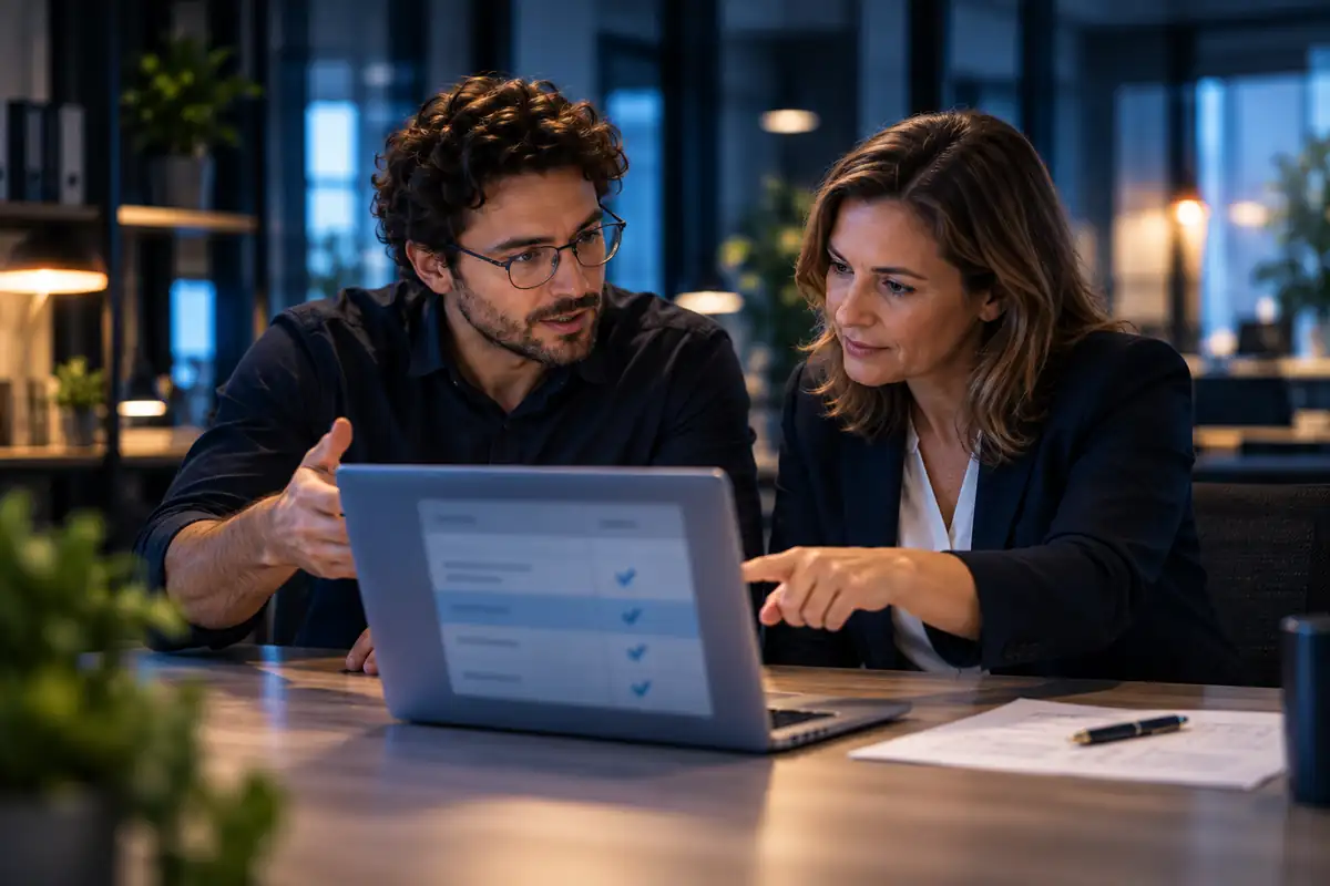 IT-Berater zeigt einer Büroleiterin am Laptop den Vergleich zwischen eigenem Server und Microsoft 365