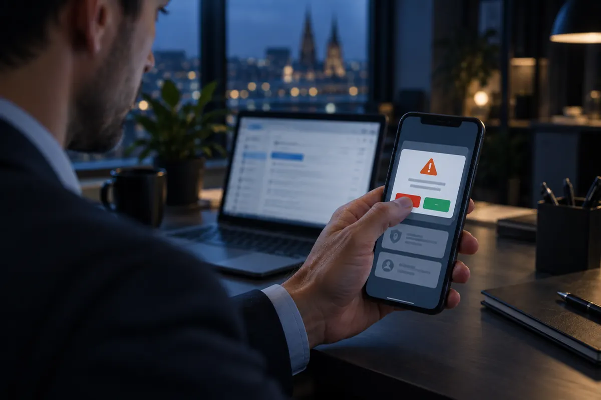 Mitarbeiter lehnt eine unerwartete Anmeldeanfrage am Smartphone ab