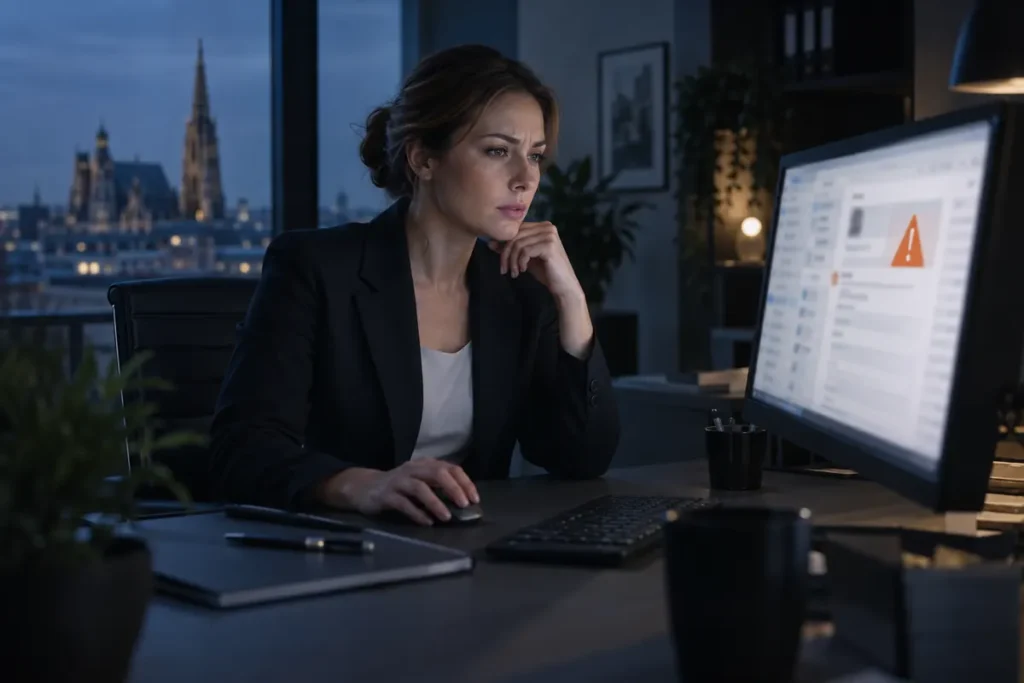 Mitarbeiterin prüft eine verdächtige E-Mail am Arbeitsplatz