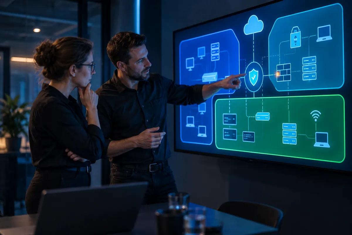IT-Techniker erklärt einer Kollegin die Segmentierung des Firmennetzwerks