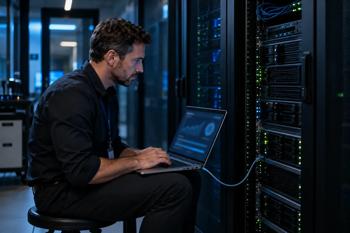 IT-Techniker analysiert einen Serverausfall am Laptop, statt den Server neu zu starten