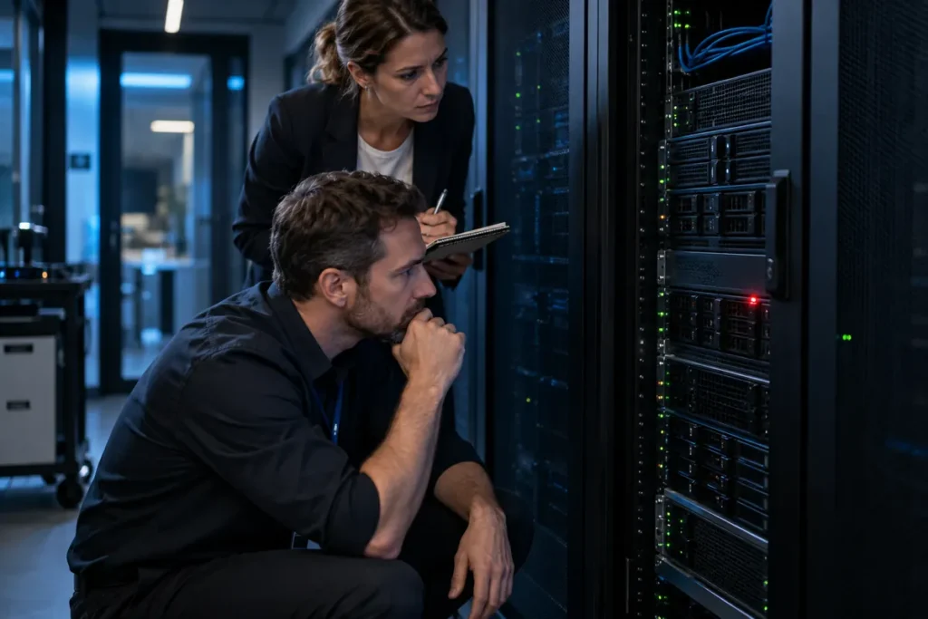 IT-Techniker und Büroleiterin prüfen gemeinsam einen ausgefallenen Server